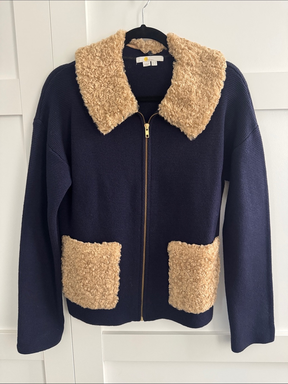 Boden Navy Knit Zip Jacket with Tan Sherpa Collar & Pockets